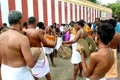 The traditional musicians in the great temple car festival of Thiruvarur with people.